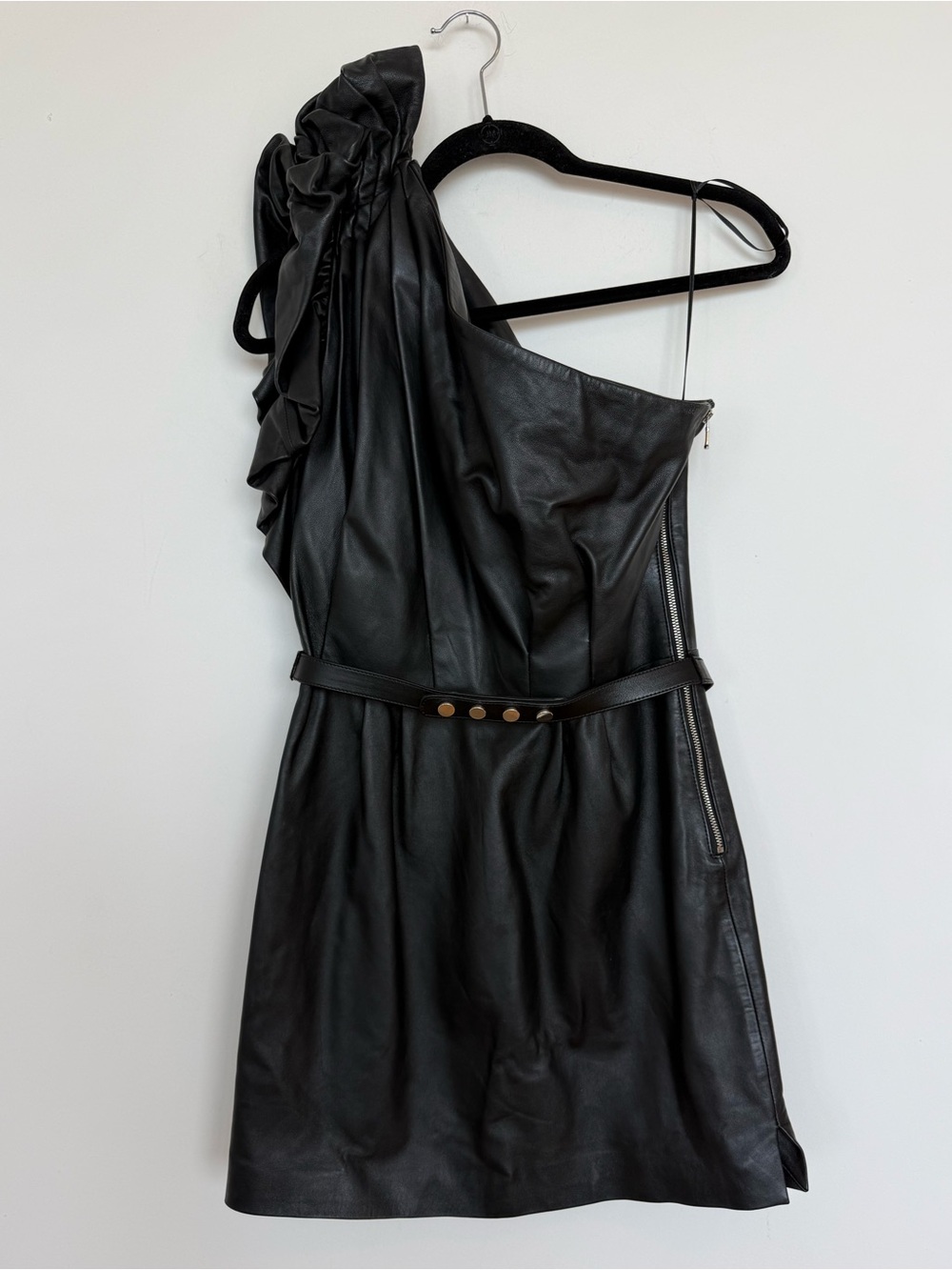 Nour Hammour One-Shoulder Black Leather Ruffle Mini Dress Size Fr 36/US Small - Picture 5 of 11